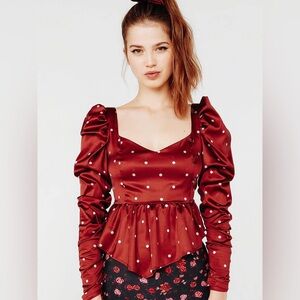 For Love & Lemons Labelle Peplum polka dot long sleeve crop in Garnet size 10
